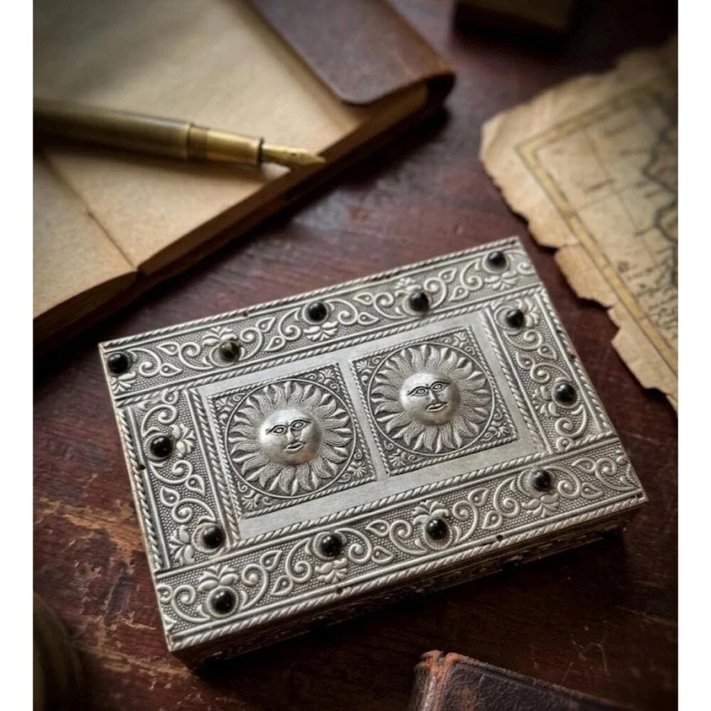 Vintage Silver Tone Celestial Jewelry Box Sun Face & Elephant Metal Trinket Box